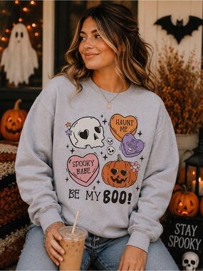 Be My Boo! Halloween Graphic Sweatshirt - Grey with Pastel Accents